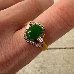 Vintage 18kGF Jade And Rhinestone Ring Lux Look